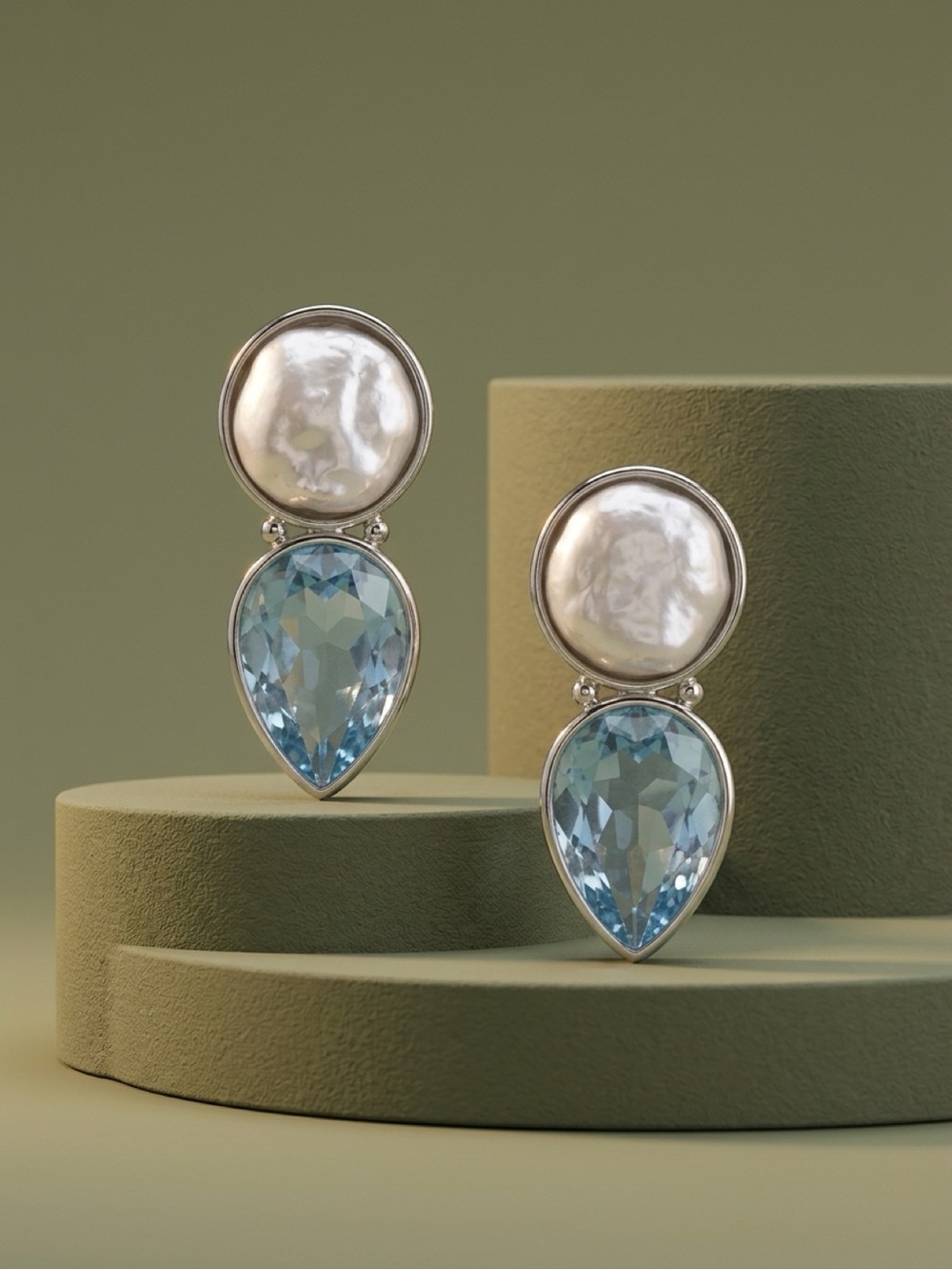 Pearl and Blue Teardrop Dangle Earrings - Picture 3 of 5
